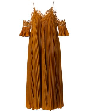 Self-Portrait Pleated Off-The-Shoulder Crepe and Chiffon-Blend Maxi Dress - Orange