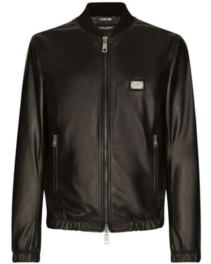Dolce & Gabbana Leather Jacket With Branded Tag - Black