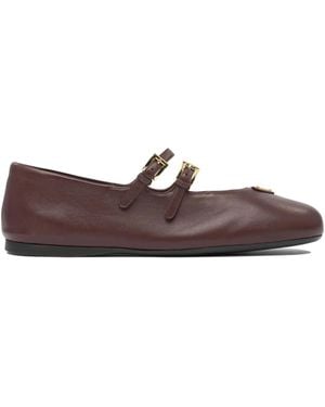 Prada Double-Buckle Leather Ballet Flats - Brown