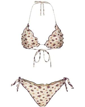 ME FUI Floral-Print Ruffled Bikini - White