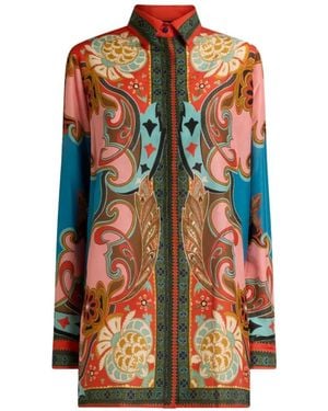 Etro Long Cotton And Silk Shirt With Placed Print - Orange