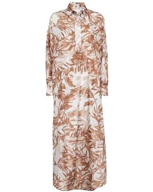 Brunello Cucinelli Leaf-Print Silk Shirt Maxi Dress - White