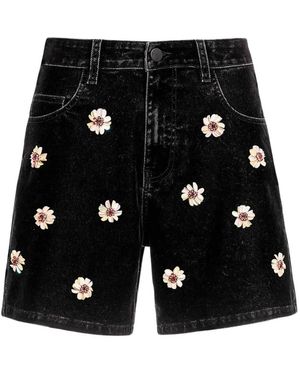 Agua Bendita Dahlia Flower-Embellished Denim Shorts - Black