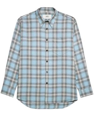 Ami Paris Long-Sleeved Checkered Knitted Shirt - Blue