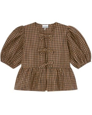 Ganni Crinkled Check Blouse - Brown