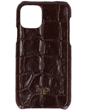 Tom Ford Logo-Plaque Croc-Effect Leather Phone Case - Brown