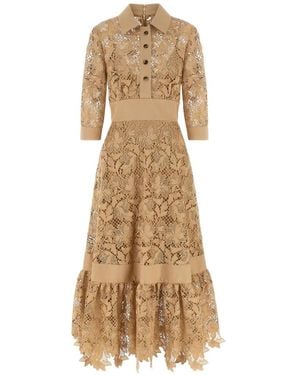 Elie Saab Floral Macramé Ruffled Midi Dress - Natural