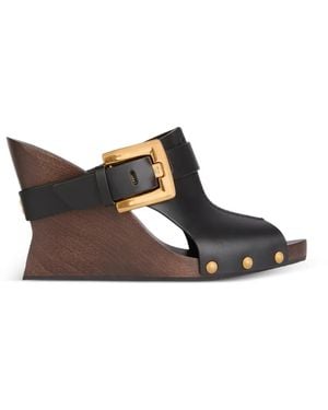 Balmain Anthem Wedge Smooth Leather Mules - Brown
