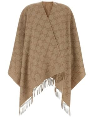 Gucci Logo Fringed Poncho - Natural
