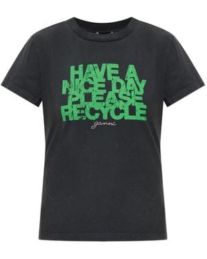 Ganni Slogan-Print Cotton T-Shirt - Green