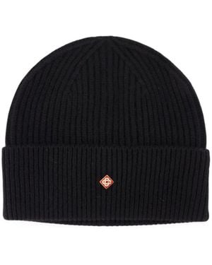CASABLANCA Ribbed-Knit Logo-Plaque Beanie Hat - Black