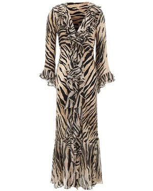 RIXO London Provence Tiger-Print Ruffled Maxi Dress - White