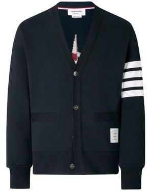 Thom Browne 4-Bar Boat-Embroidery Cardigan - Blue