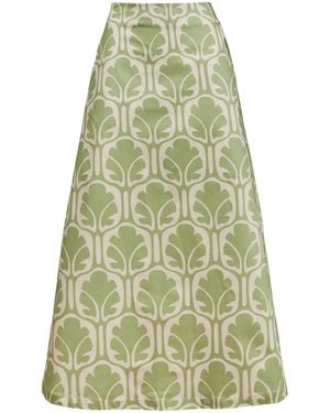 La DoubleJ Mid-Rise Printed Midi A-Line Skirt - Green