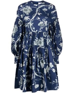 Erdem Floral-print Tiered-hem Cotton-poplin Mini Dress - Blue
