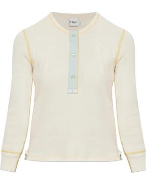 Chloé Contrast-Stitch Button-Placket Long-Sleeve Top - White