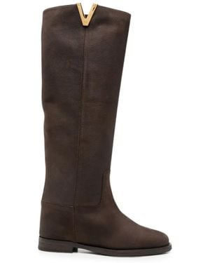 Via Roma 15 V-Plaque Leather Knee-High Boots - Brown
