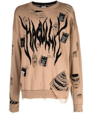 Haculla Distressed Intarsia-Logo Jumper - Brown