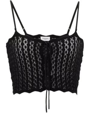 Saint Laurent Crochet-Knit Front-Tie Top - Black