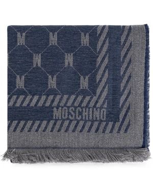 Moschino Monogram-Print Frayed Scarf - Blue