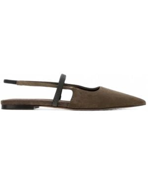 Brunello Cucinelli Suede Slingback Flats With Shiny Strap - White