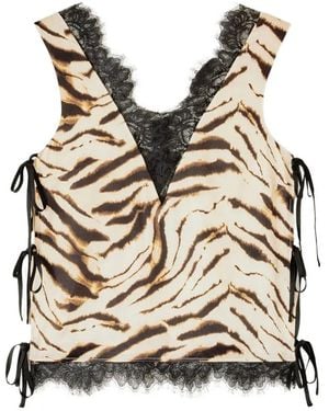 Ganni Tiger-Print Lace-Trim Top - Black