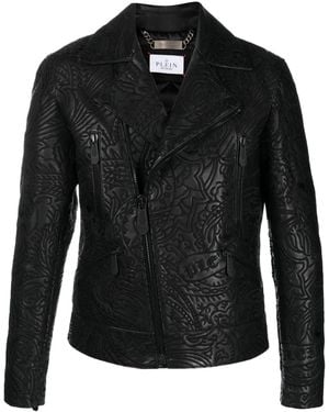 Philipp Plein Paisley-Print Leather Biker Jacket - Black