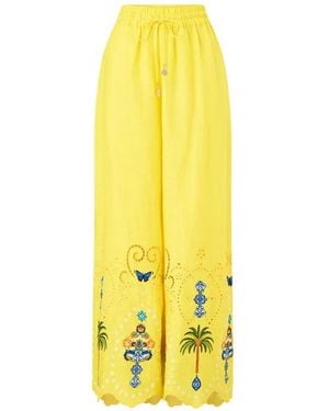 CAMILLA Embroidered Straight-Leg Linen Trousers - Yellow