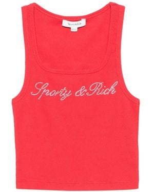 Sporty & Rich Priscila Rhinestone-Logo Ribbed Tank Top - Red