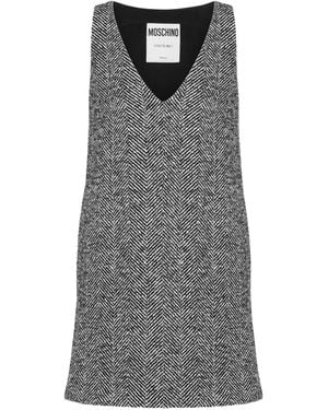 Moschino V-Neck Herringbone-Pattern Dress - Gray
