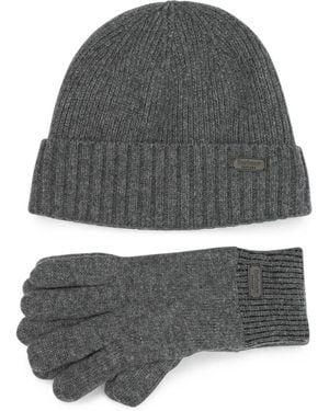 Barbour Ribbed-Knit Beanie Hat And Gloves Set - Grey