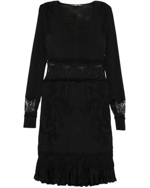 Roberto Cavalli Lace-Panelled Ruffled Dress - Black
