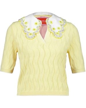 La DoubleJ And Openwork Polo-Style Crop Top With Collar Decorated With Embroidery And Crystals - Yellow
