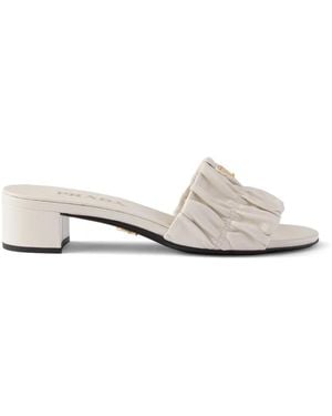 Prada Matelassé Ruched Logo-Plaque Sandals - White