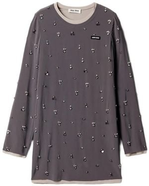 Miu Miu Embroidered Stretch Georgette Dress - Grey