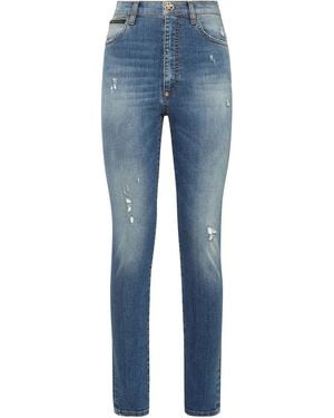 Philipp Plein High-Rise Skinny Ripped-Detail Jeans - Blue