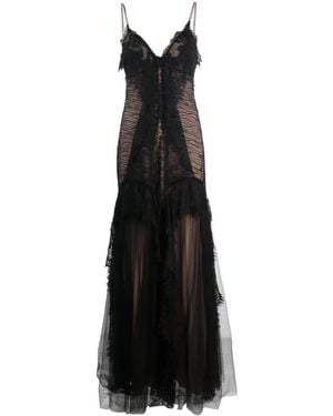 Alberta Ferretti Lace-Trim Layered V-Neck Flared Maxi Dress - Black