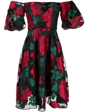 Marchesa Abito Midi Claude Con Applicazione A Fiori - Rosso