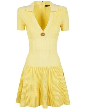 Balmain Lion-Button Ribbed Dress - Yellow