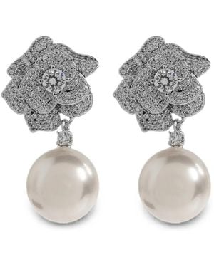 Self-Portrait Crystal-Embellished Pearl-Drop Earrings - Grey