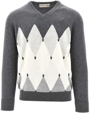Ballantyne Argyle-Pattern V-Neck Pullover - Grey