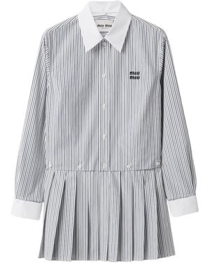Miu Miu Pleated Striped Mini Shirt Dress - Grey