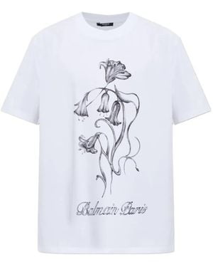 Balmain Floral-Print Logo-Print T-Shirt - White