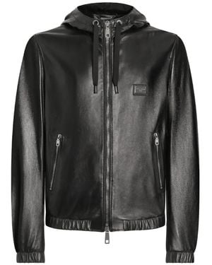 Dolce & Gabbana Logo-Tag Hooded Leather Jacket - Black