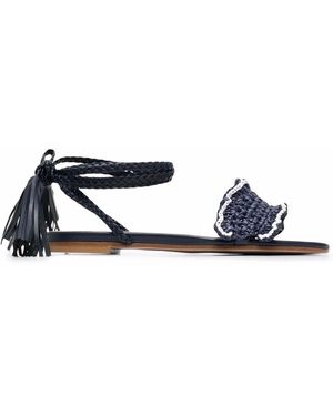 Red(V) Tassel-Trim Straw Sandals - White