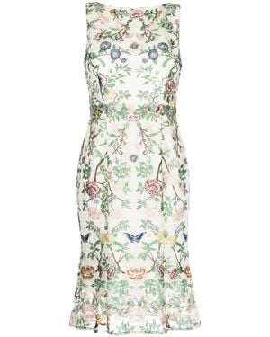 Marchesa Floral-Embroidery Boat-Neck Midi Dress - White