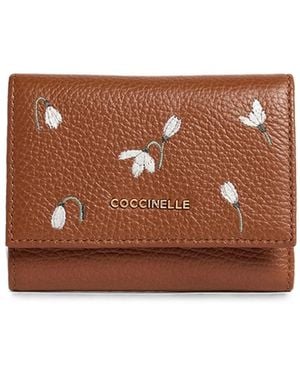 Coccinelle Small Metallic Floral-Embroidered Leather Wallet - Brown