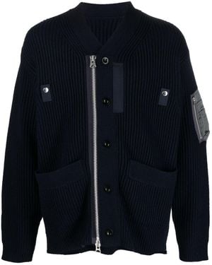 Sacai Asymmetric Zip-Up Ribbed Cardigan - Blue