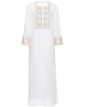 120% Lino Embroidered-Panel Slit-Detail Maxi Dress - White