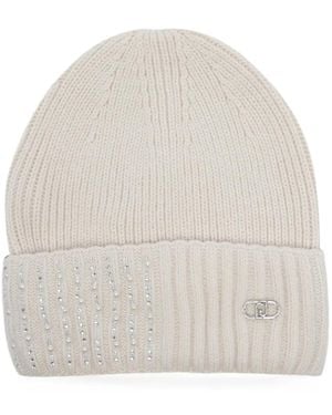Liu Jo Crystal-Embellished Ribbed Beanie Hat - White